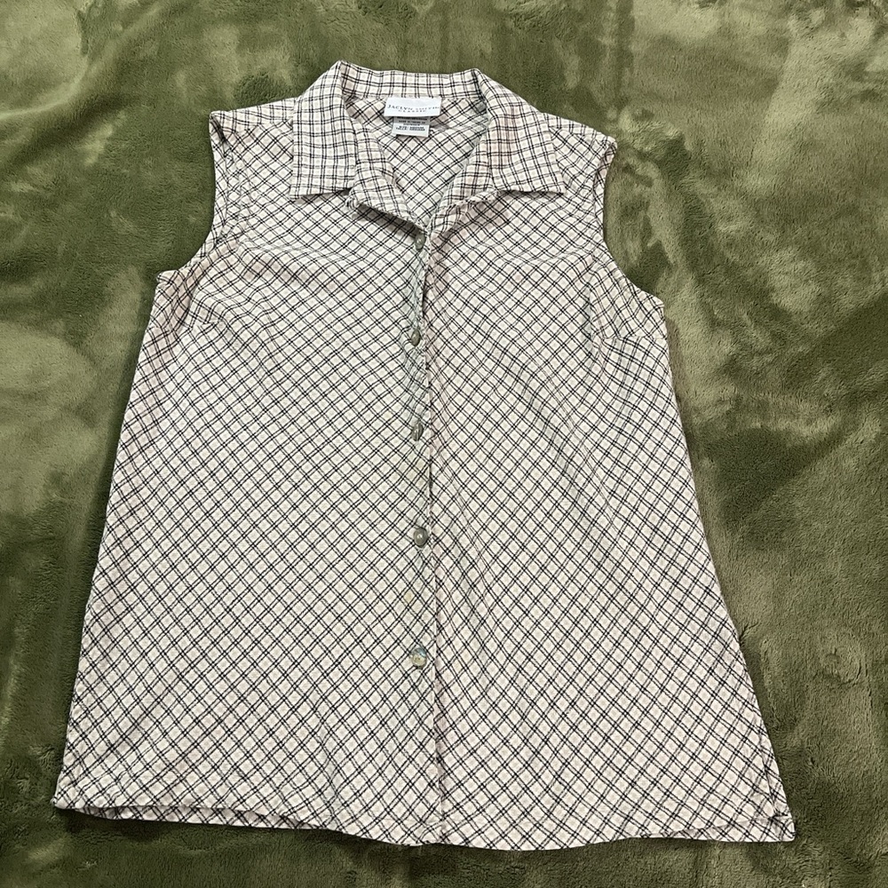 Cream and Black Plaid Sleeveless Button-Up Top